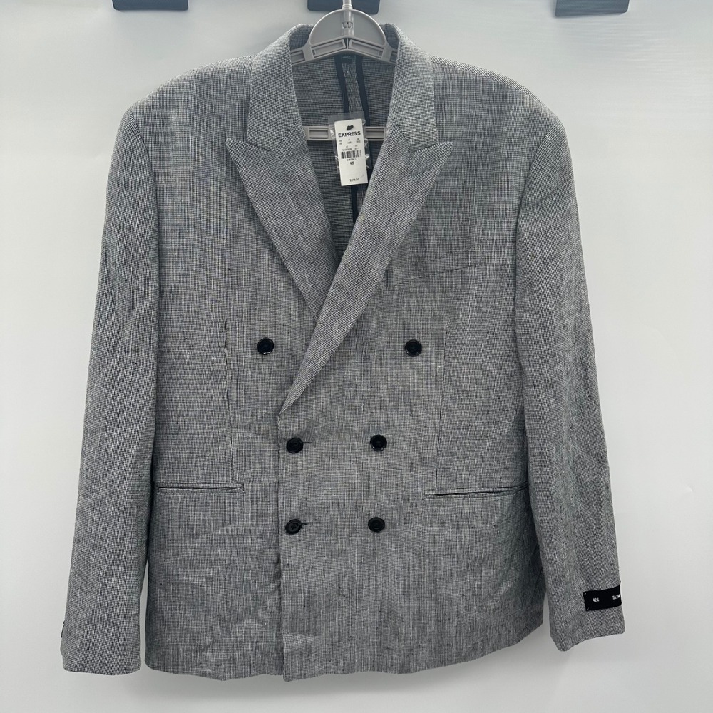 Express Mens Slim Fit Double Breasted Blazer Jacket 42S Black White Textured NWT